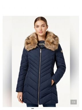 MICHAEL Michael Kors Navy Quilted Puffer Coat with Faux Fur Collar
